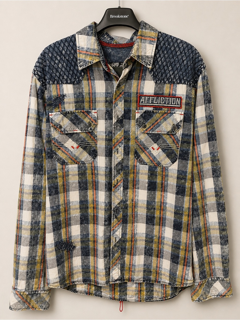 Affliction Men's Plaid Quilted Yoke Shirt Jacket - Blue/White/Olive